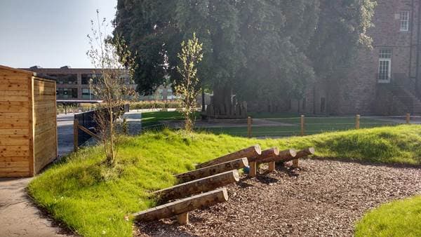 Sunny school grounds with trees, grassy banks, and log play areas.
