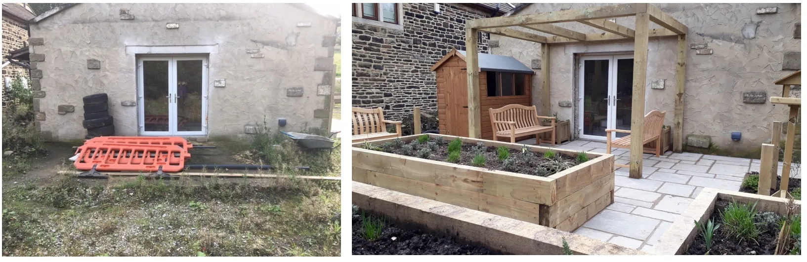 Previously a disused space, the Regency Court Care Home now features a beautiful new garden with seating, shelter, a bird feeder, storage and wheelchair access to raised beds with young plants.