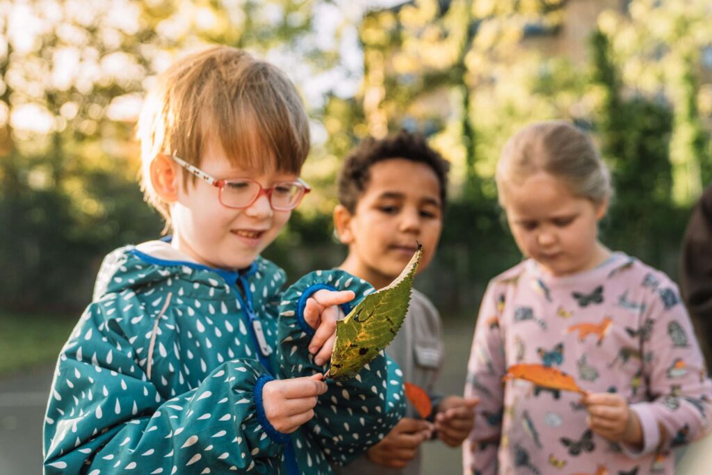 An image of three children in a school playground, examining leaves.