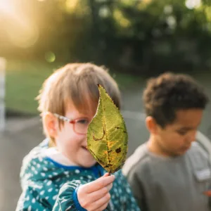 Young children looking at leaves