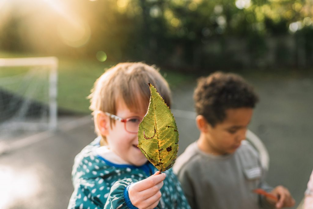 Young children looking at leaves