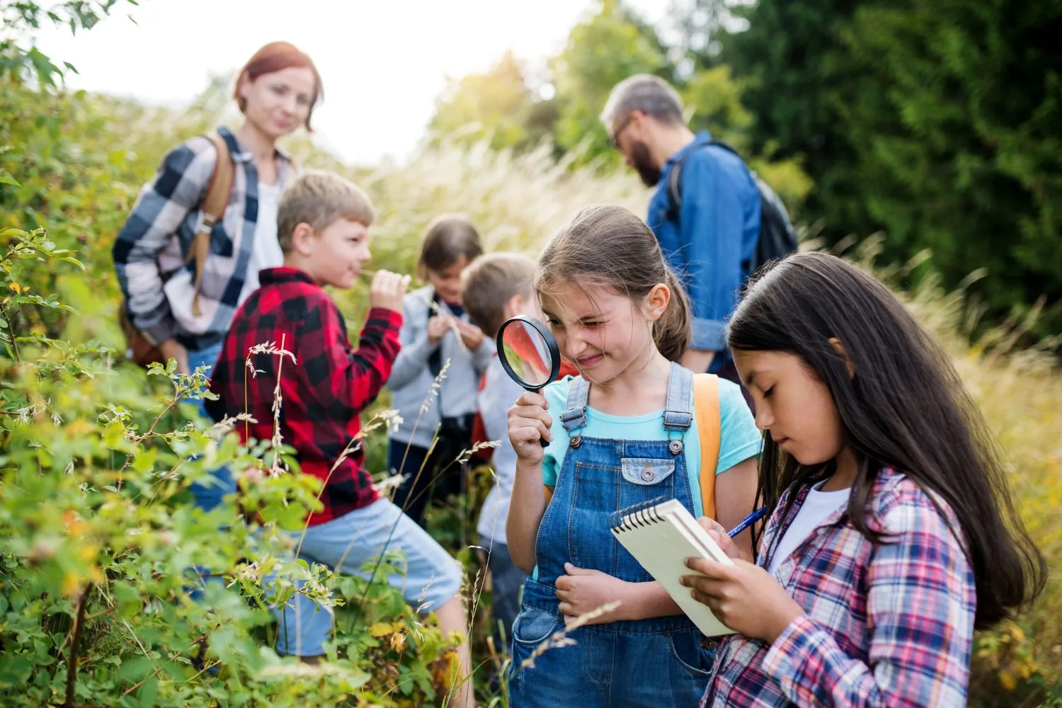 A relaxed and confident teacher looking on as her pupils examine plants in an outdoor classroom