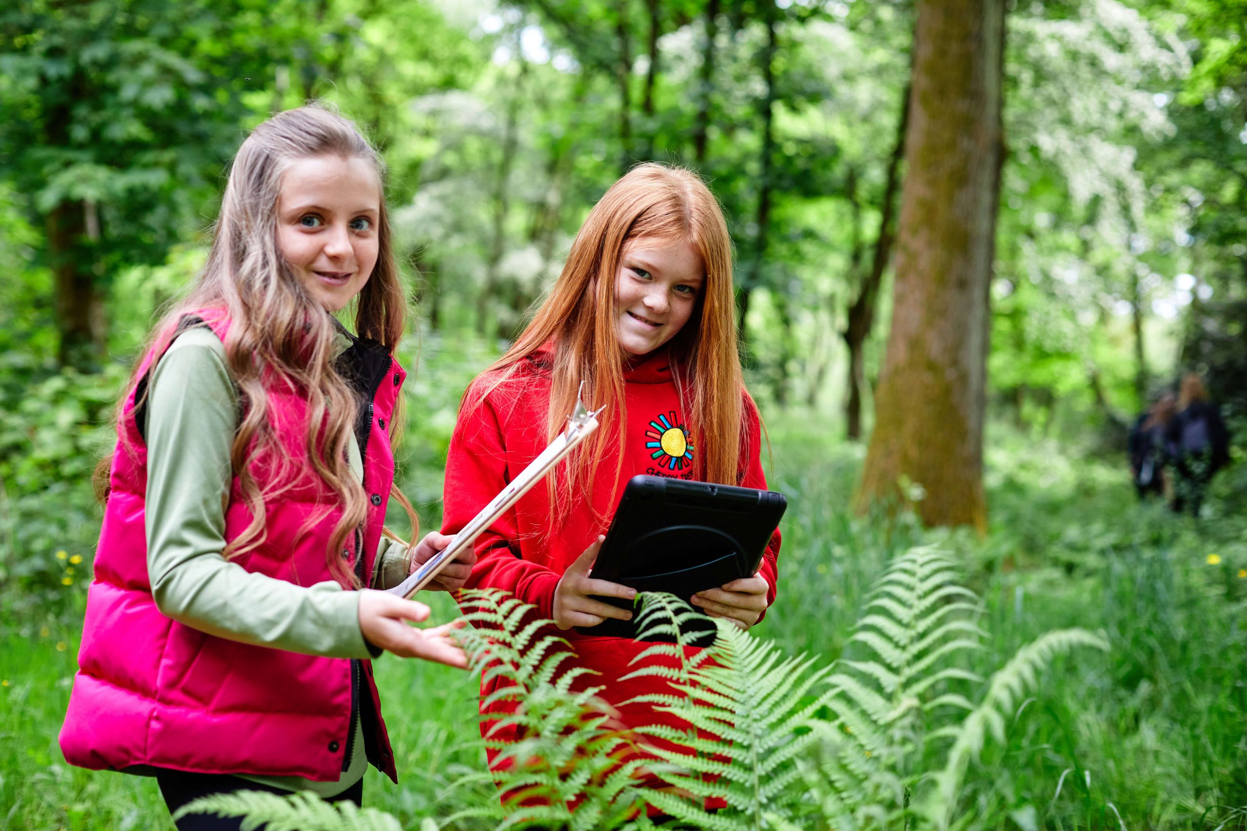 School children working on clipboards in the National Education Nature Park during an outdoor lesson about biodiversity.