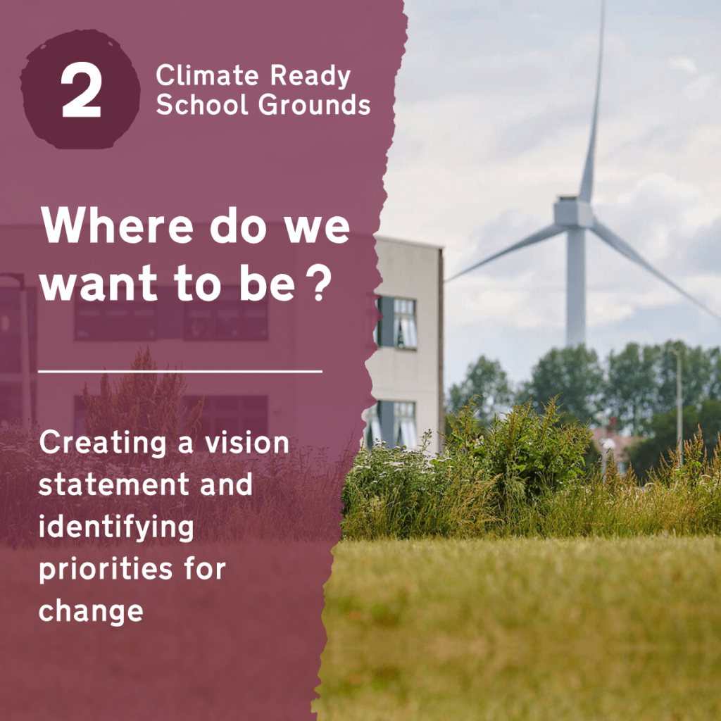 'Where do we want to be? Creating a vision statement and identifying priorities for change' is the second in a series of four workshops produced for the Climate Ready School Grounds project. These workshops are designed to help schools adapt their outdoor spaces to mitigate the impacts of climate change, focussing on six technical areas.To download the School Grounds Climate Survey, guidance on the technical areas, and the additional resources you'll need to complete this workshop with your pupils, visit our Climate Ready School Grounds page.