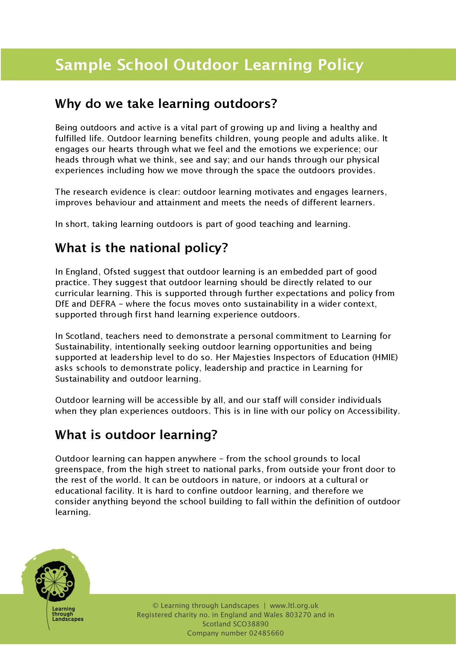 Exemplar school outdoor learning policy