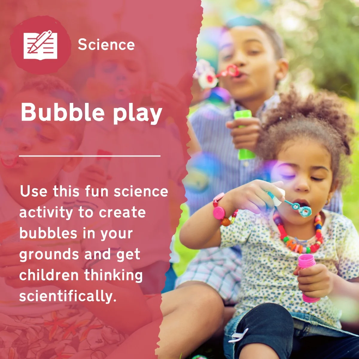 Use this early years science activity to have fun using different items to create bubbles in your grounds. This outdoor lesson idea will encourage children to start making predictions based on the shape and material of objects, and to think scientifically.