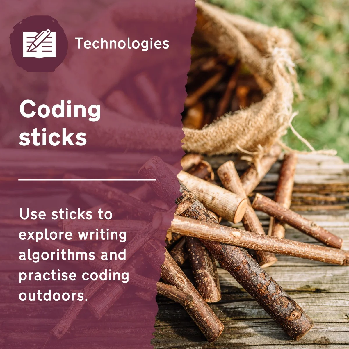 Use this primary computing activity to practise coding using sticks. This outdoor lesson idea allows children to explore writing algorithms, sequencing, and debugging in a fun way.