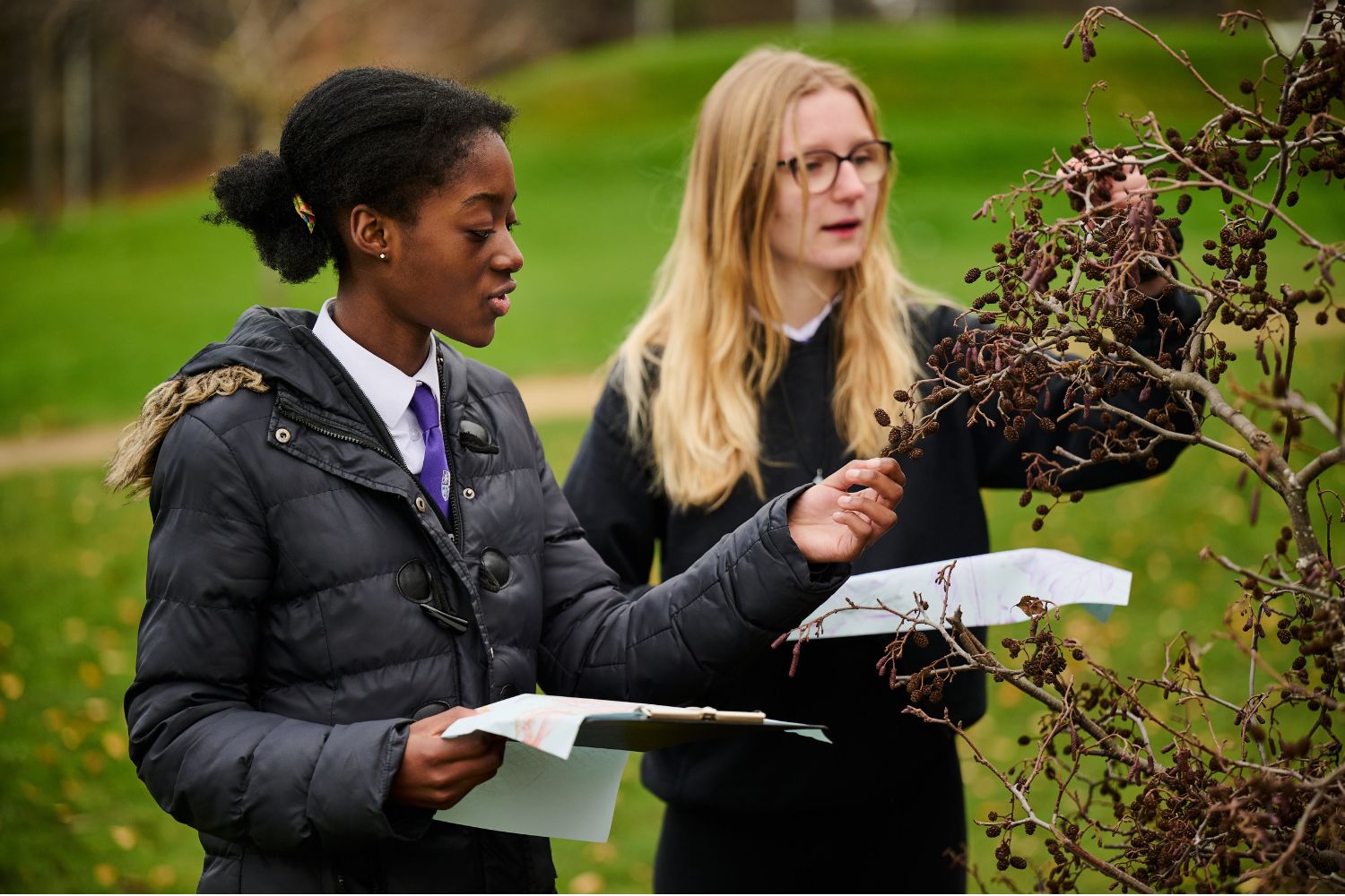 Two secondary school girls examining a tree as they carry out a school grounds audit before making improvements.