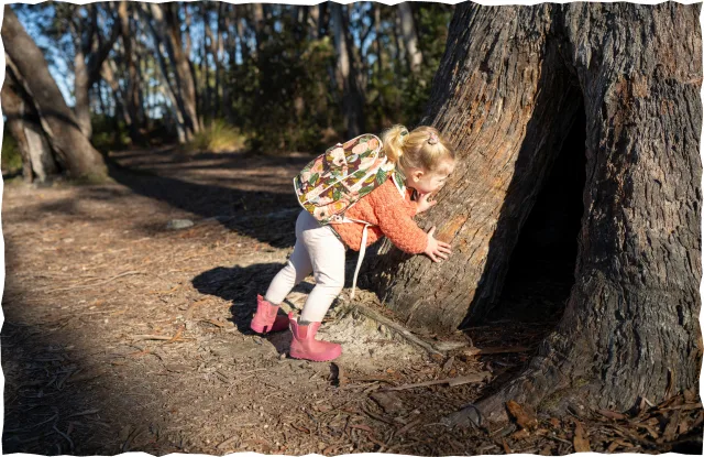 child curiously looking at a tree