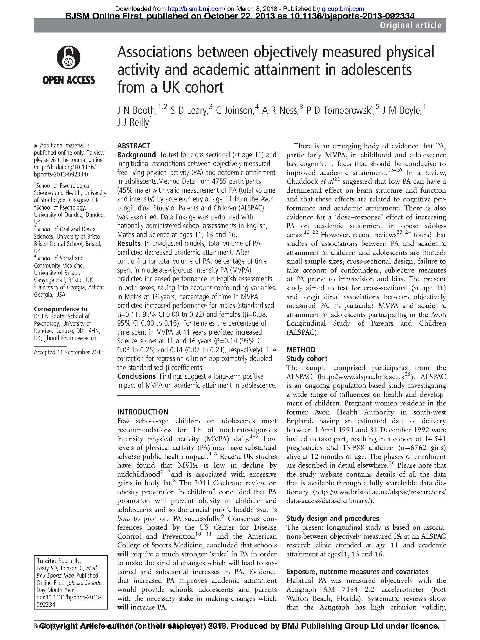 Associations between Objectively Measured Physical Activity and Academic Attainment in Adolescents from a UK Cohort