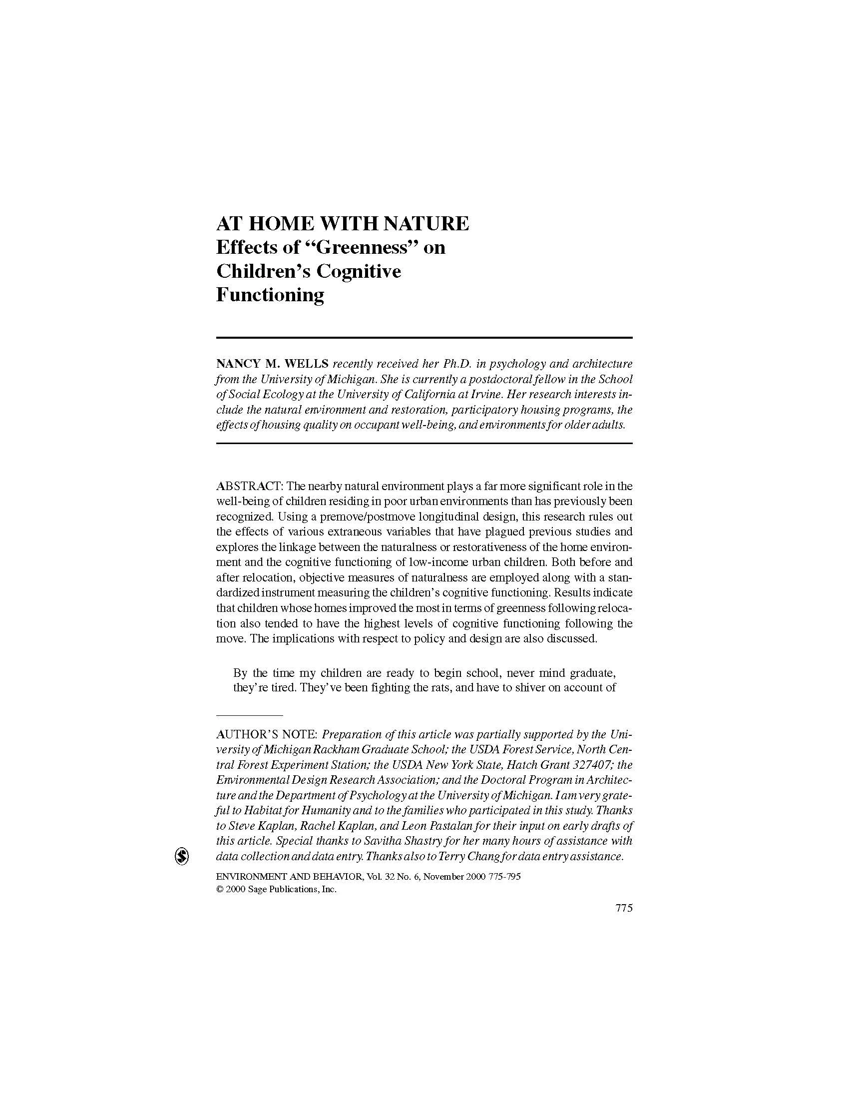 At Home with Nature: Effects of “Greenness” on Children’s Cognitive Functioning