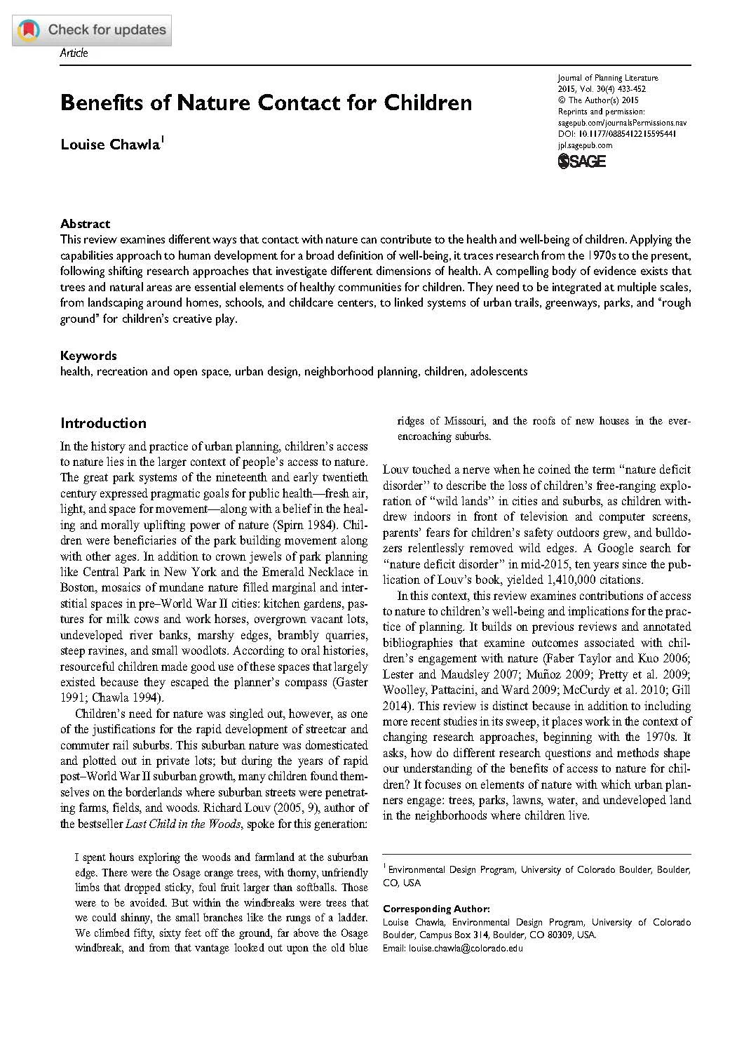 Benefits of Nature Contact for Children