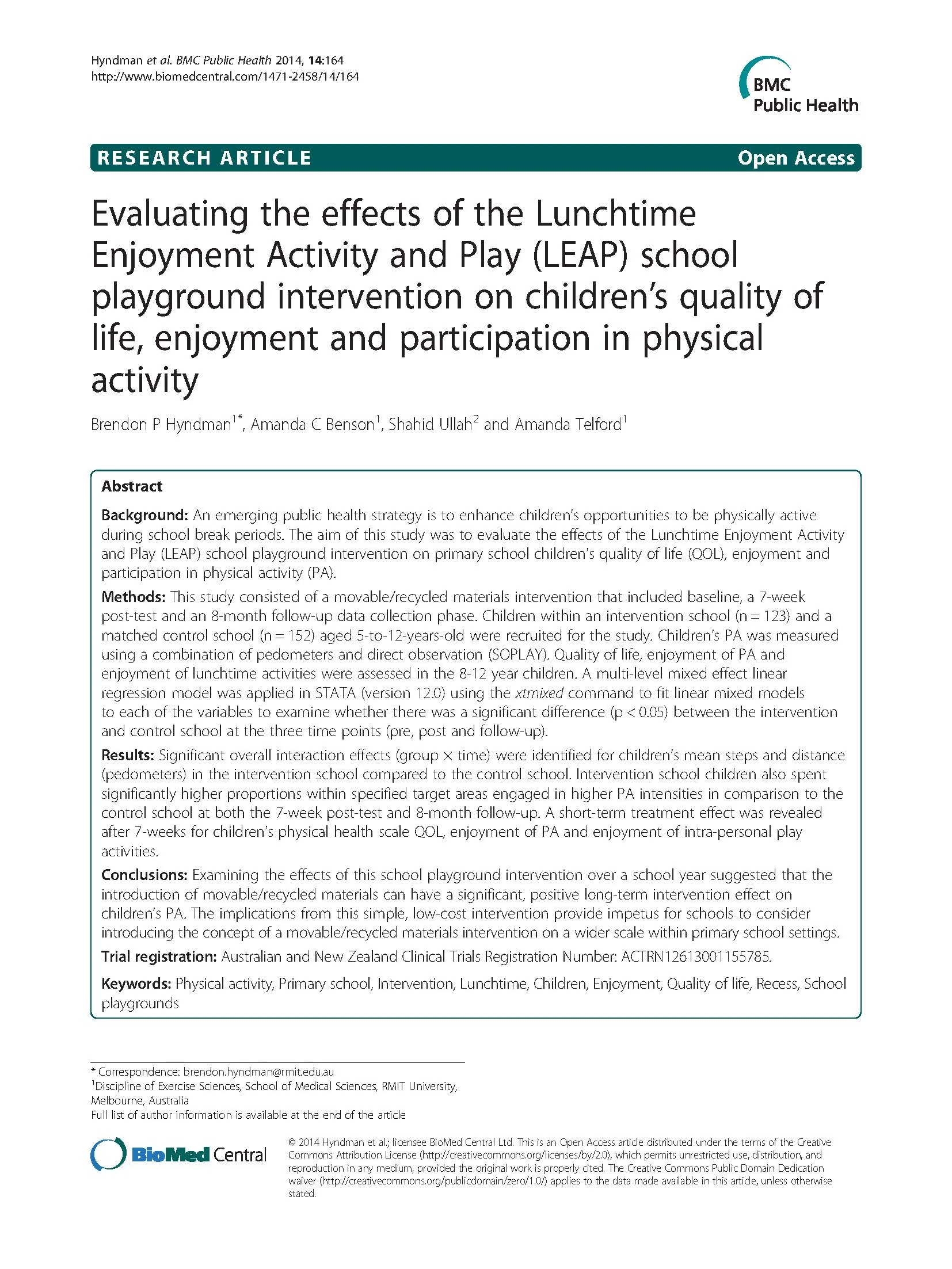 Evaluating the Effects of the Lunchtime Enjoyment Activity and Play (LEAP)