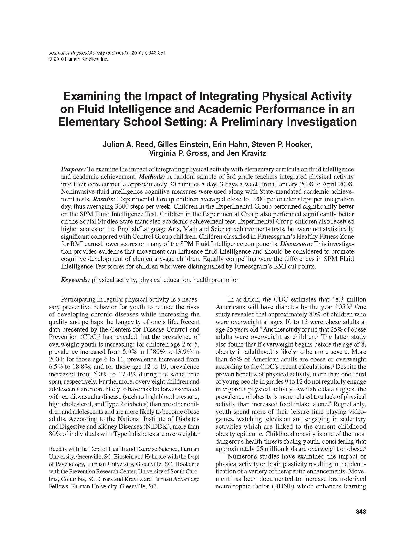 Examining the Impact of Integrating Physical Activity on Fluid Intelligence and Academic Performance in an Elementary School Setting