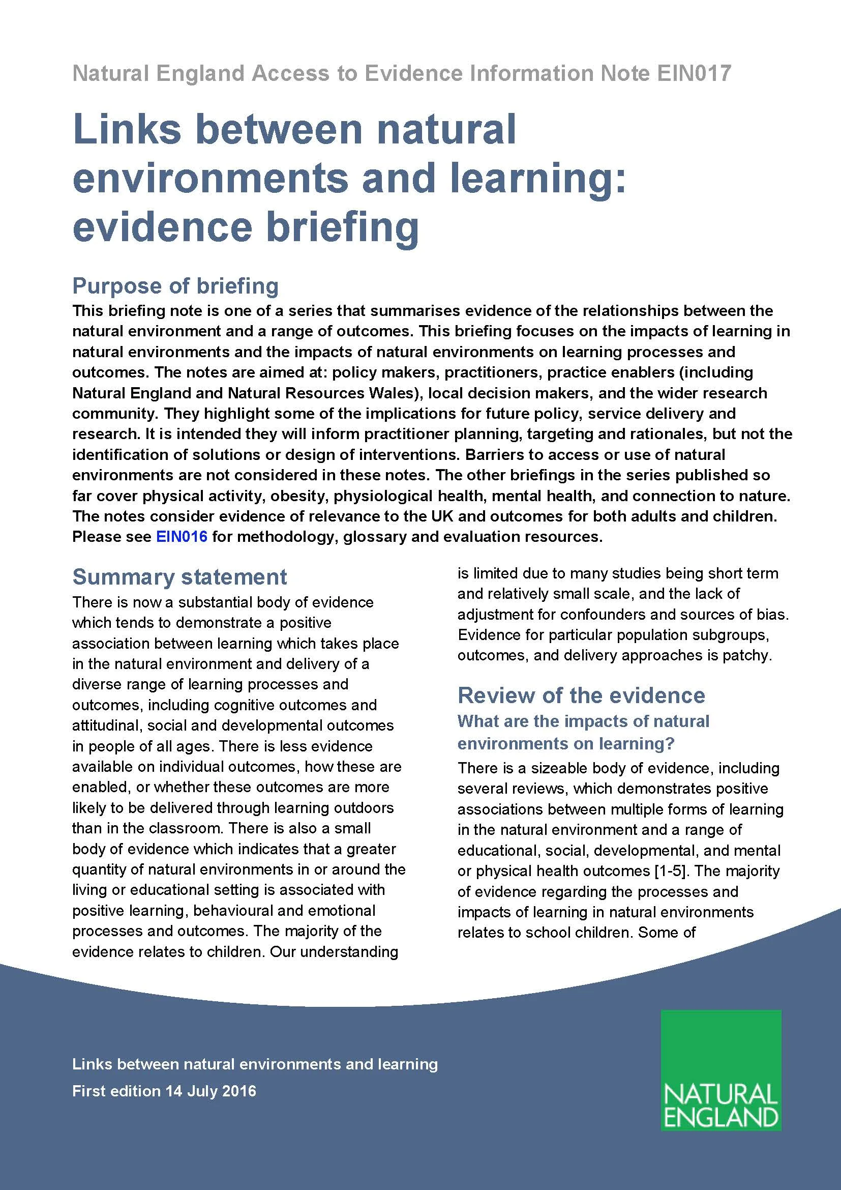 Links between Natural Environments and Learning: Evidence Briefing