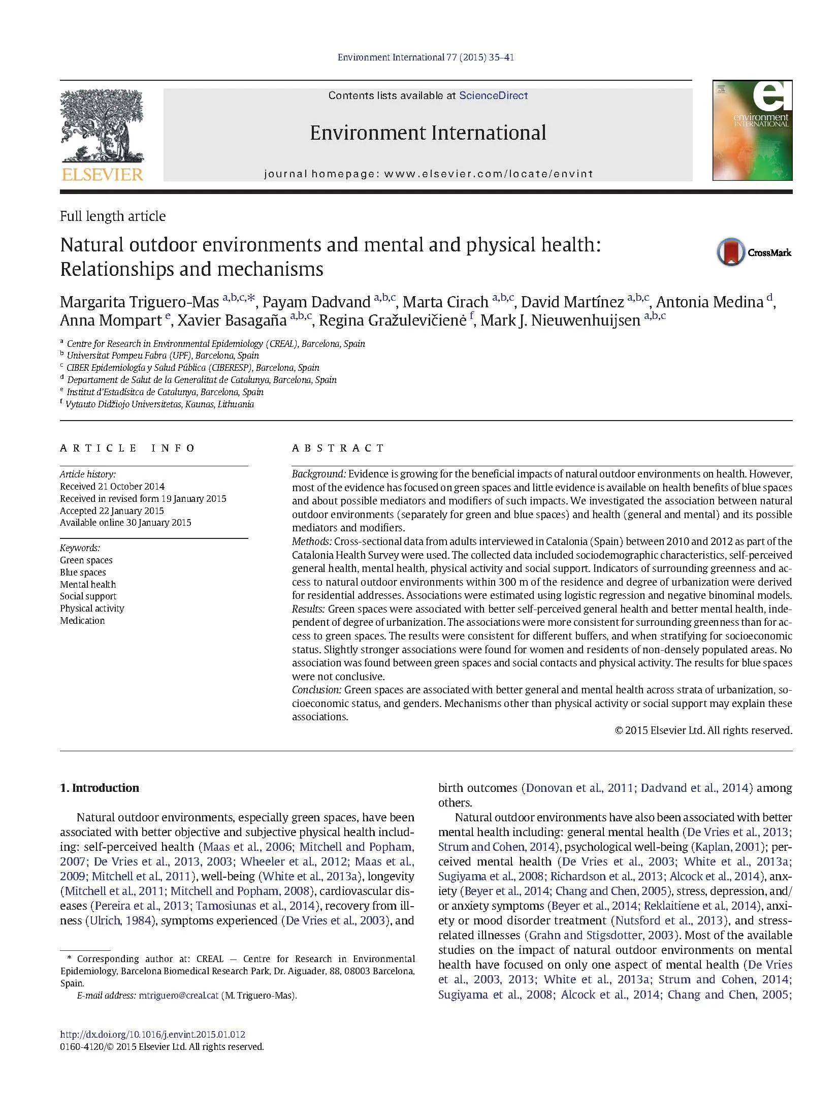 Natural Outdoor Environments and Mental and Physical Health