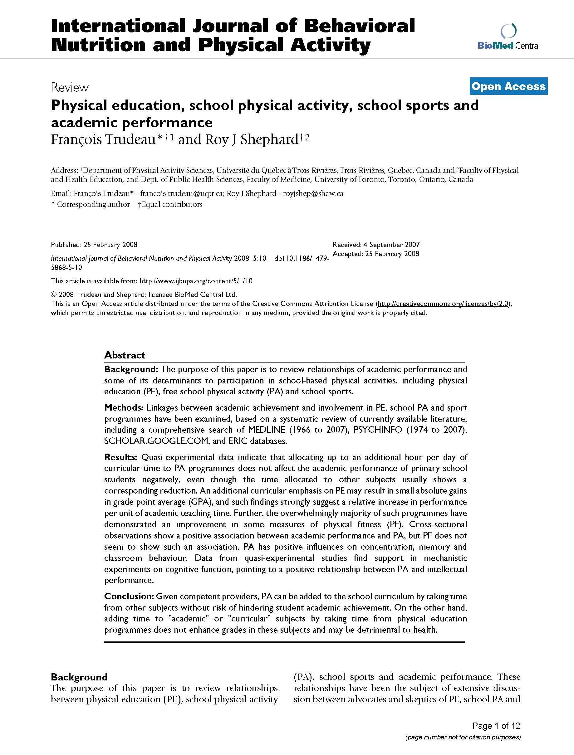 Physical Education, School Physical Activity, School Sports and Academic Performance