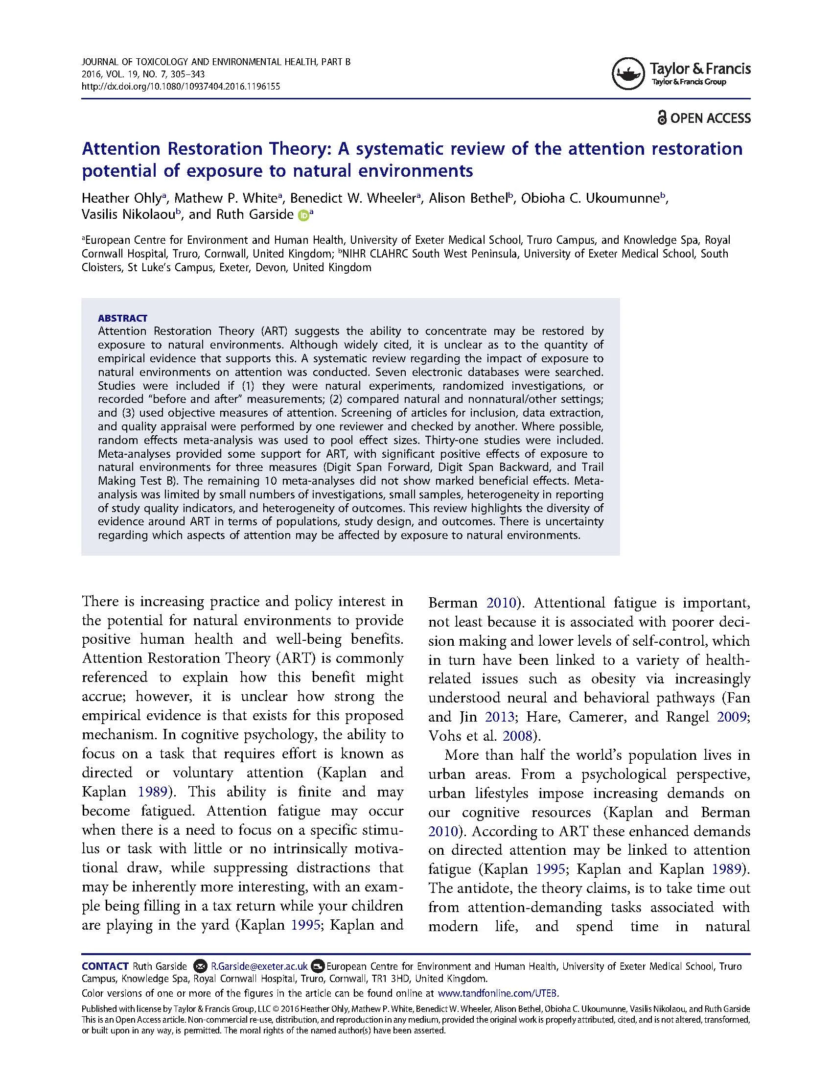 Attention Restoration Theory: A Systematic Review of the Attention Restoration Potential of Exposure to Natural Environments