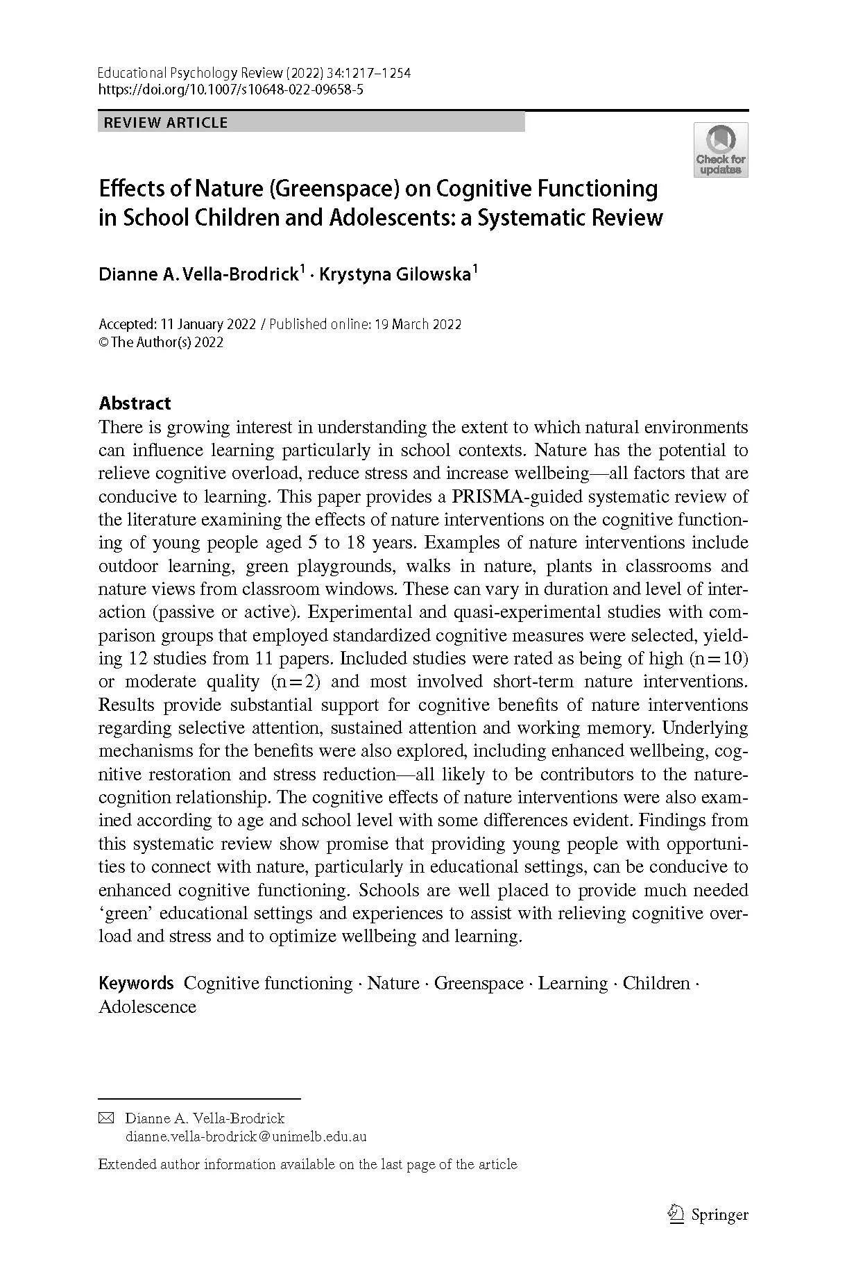 Effects of Nature (Greenspace) on Cognitive Functioning in School Children and Adolescents: a Systematic Review