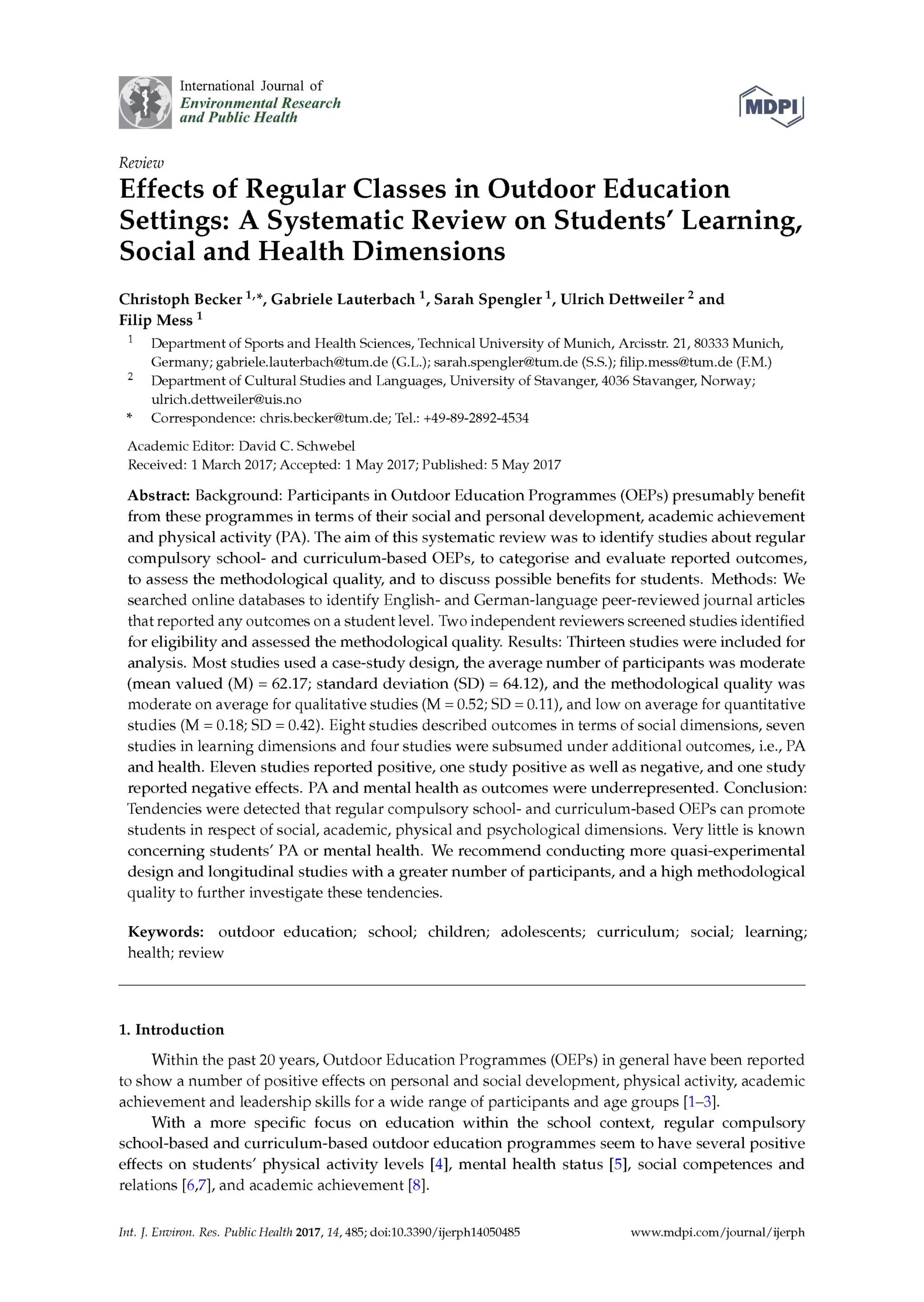 Effects of Regular Classes in Outdoor Education Settings: A Systematic Review on Students’ Learning, Social and Health Dimensions