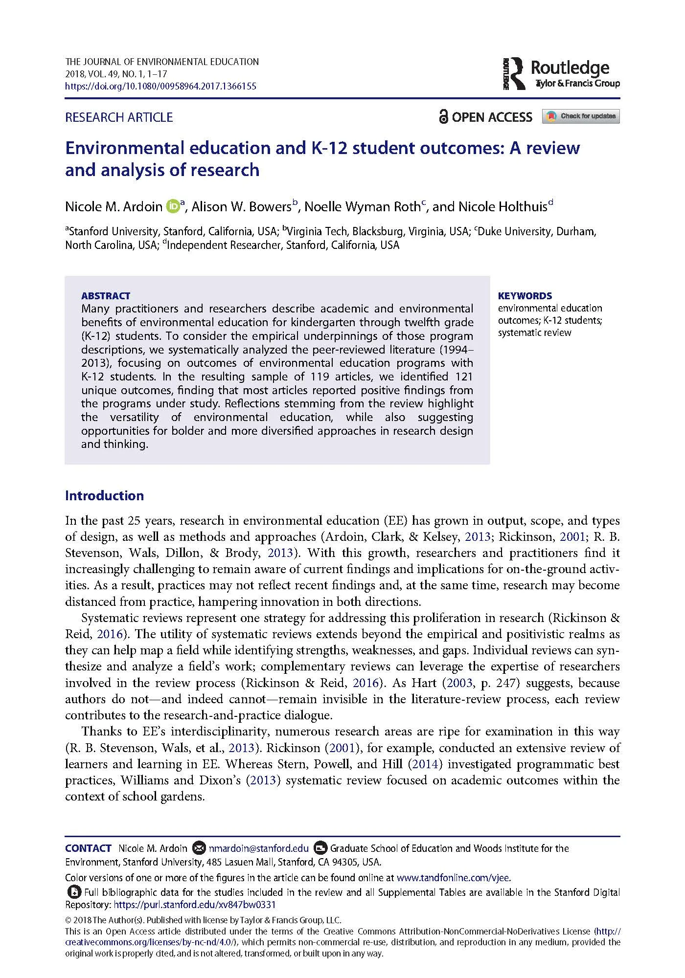 Environmental education and K-12 student outcomes: A review and analysis of research