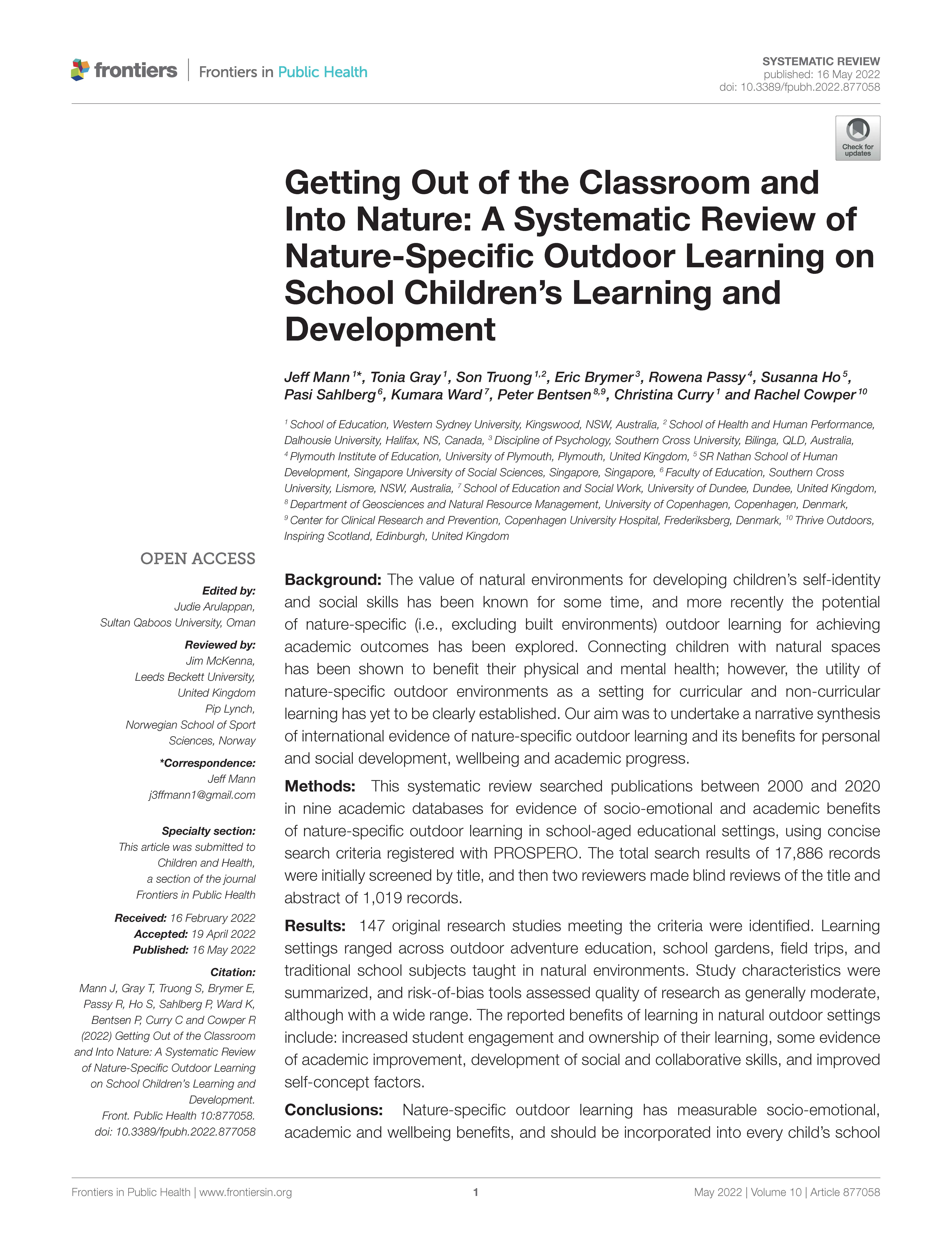 Getting Out of the Classroom and Into Nature: A Systematic Review of Nature-Specific Outdoor Learning on School Children’s Learning and Development