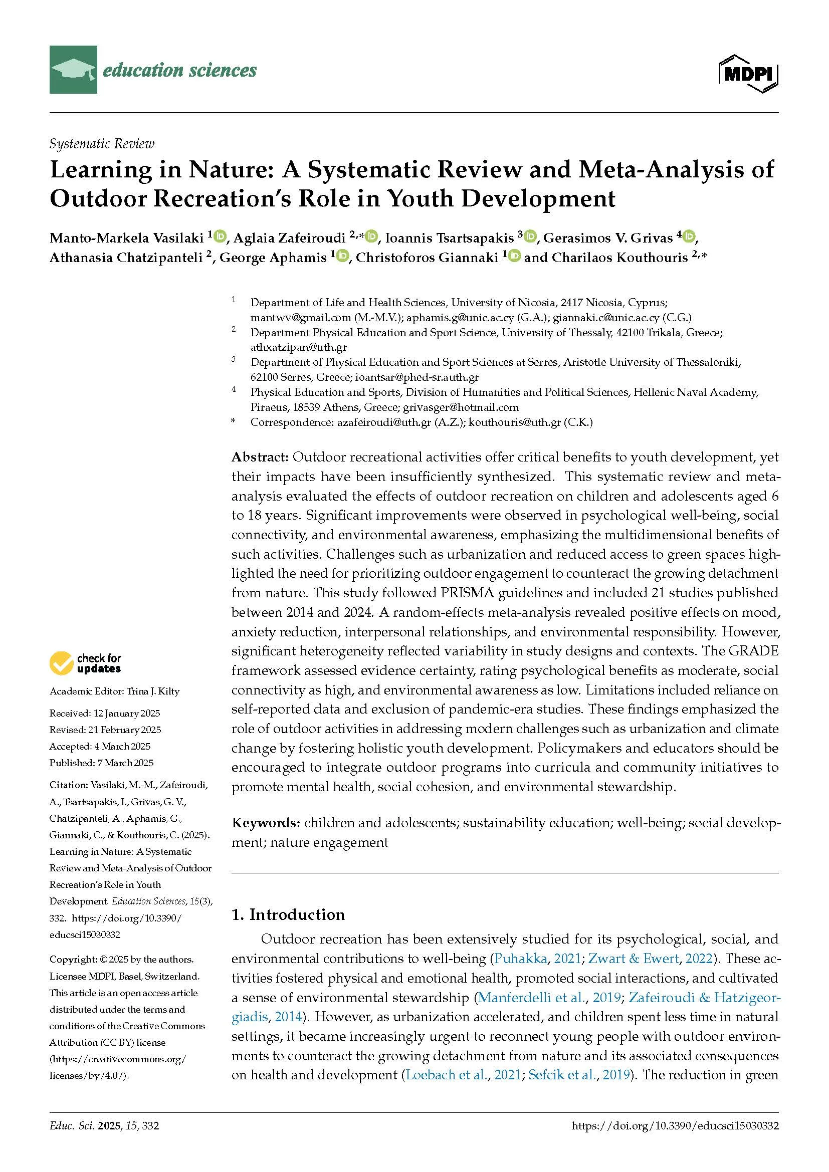 Learning in Nature: A Systematic Review and Meta-Analysis of Outdoor Recreation’s Role in Youth Development