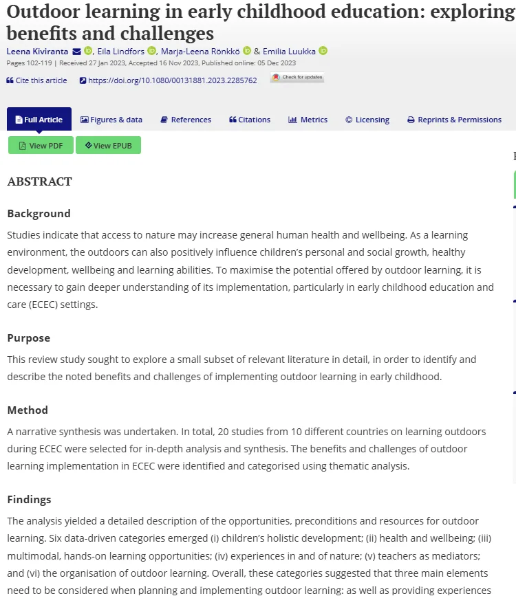 Outdoor learning in early childhood education: exploring benefits and challenges