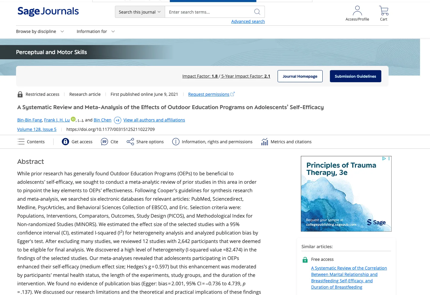 A Systematic Review and Meta-Analysis of the Effects of Outdoor Education Programs on Adolescents’ Self-Efficacy
