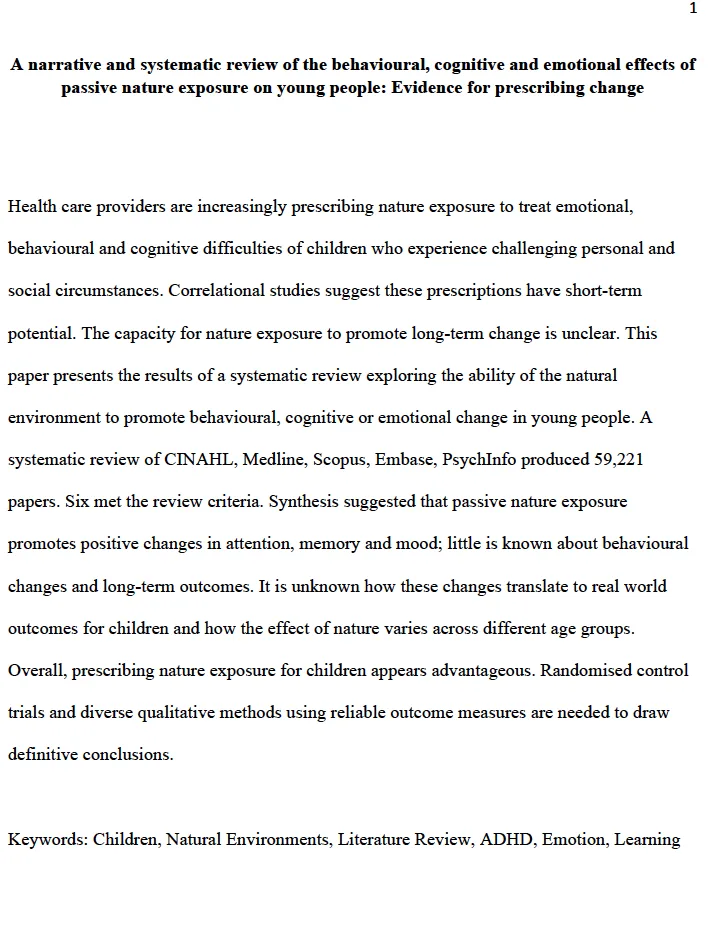 A narrative and systematic review of the behavioural, cognitive and emotional effects of passive nature exposure on young people
