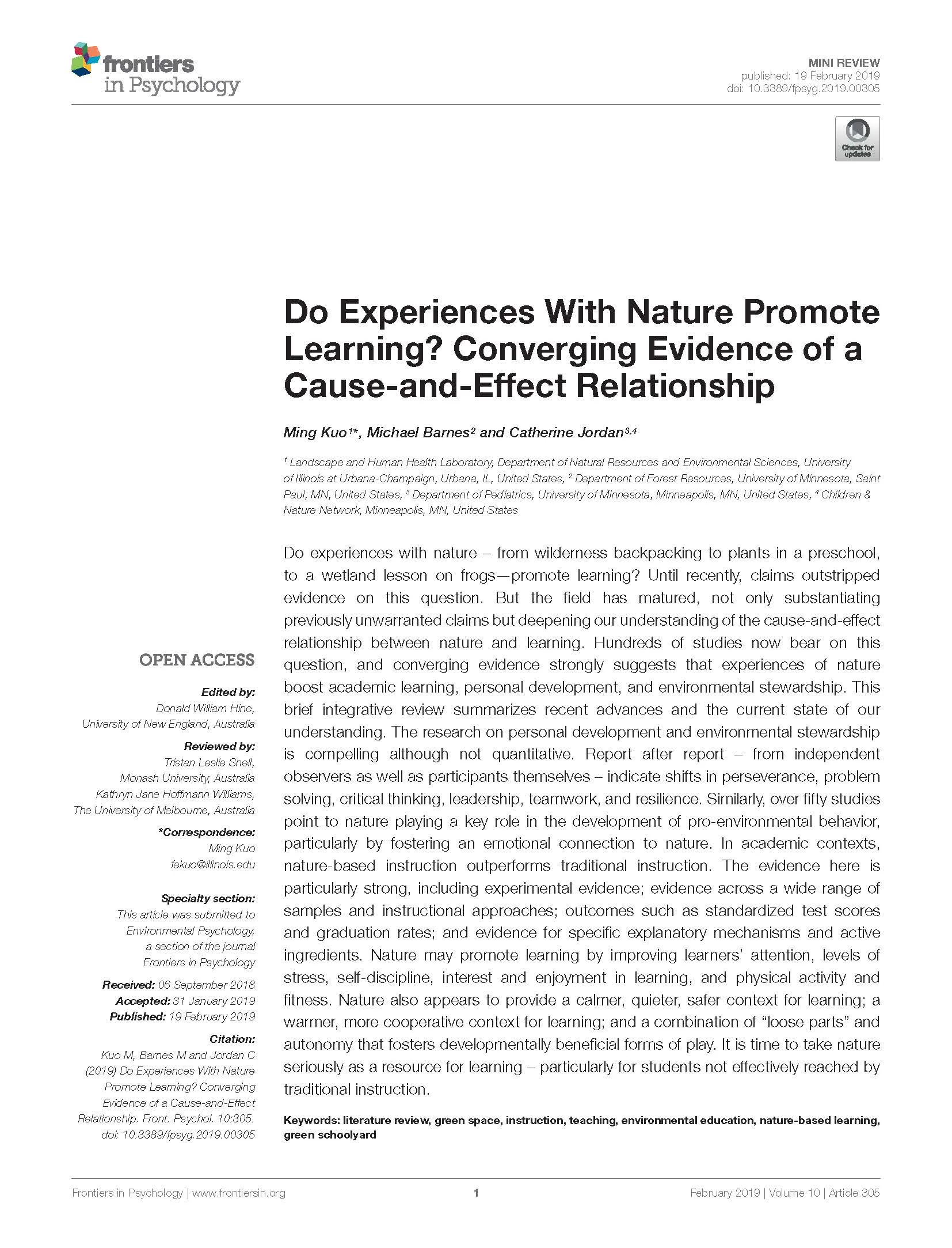 Do Experiences with Nature Promote Learning? Converging Evidence of a Cause-and-Effect Relationship