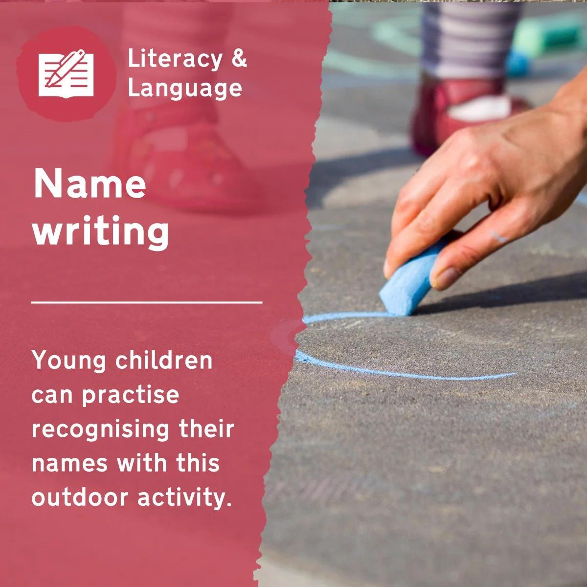 Use this early years literacy and language activity to practise recognising names and the sounds within them. This outdoor lesson idea will encourage children to be creative and use chalk to make marks themselves.