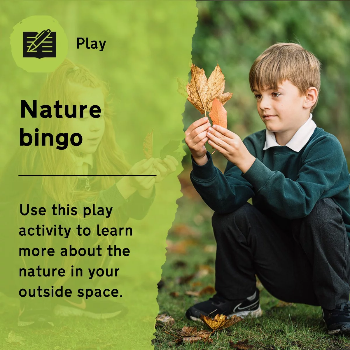 Use this play activity to explore and learn more about your outside space. This outdoor lesson idea will improve vocabulary and knowledge of the species in your local area, while playing a fun game of bingo.